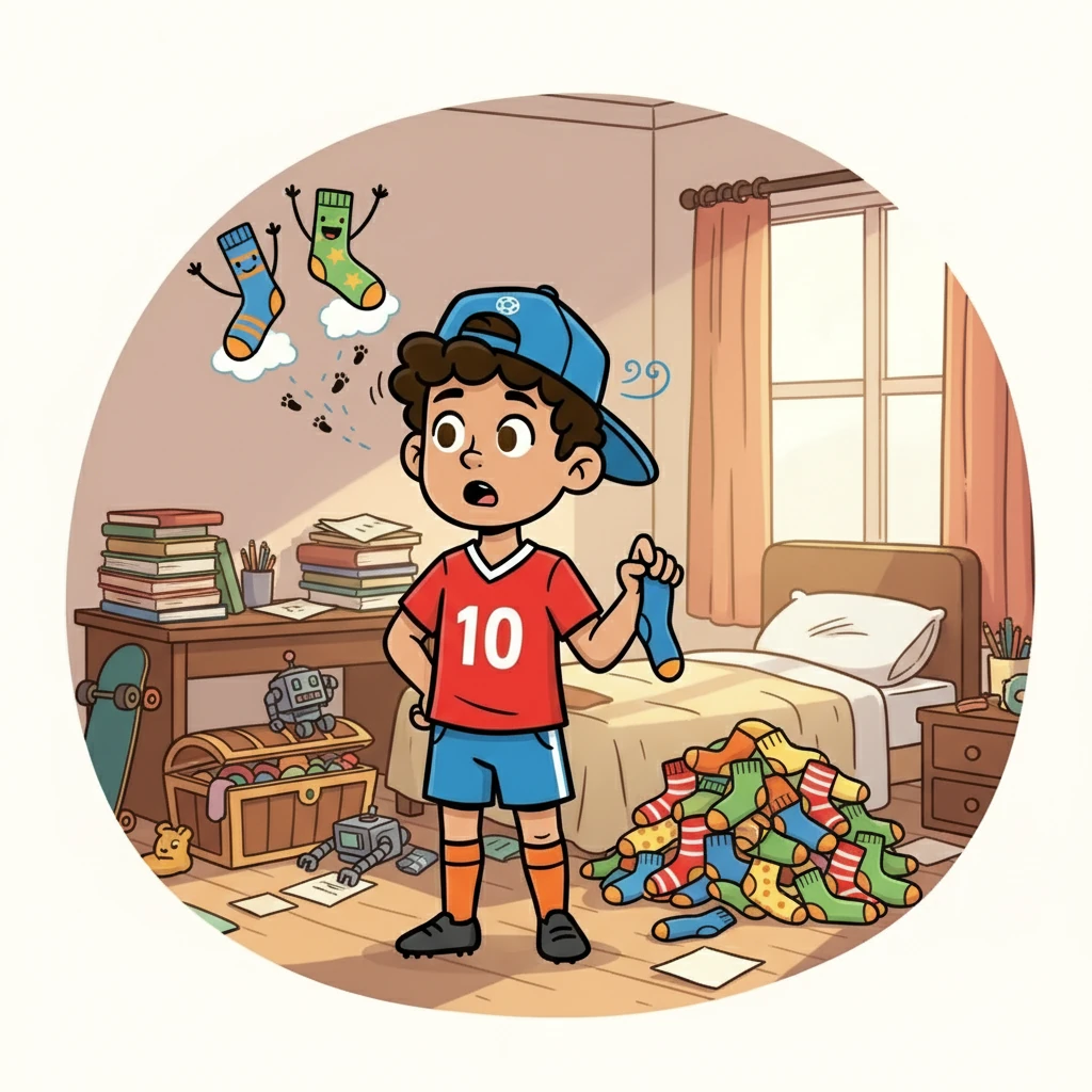 The baseball cap whispers, "The socks are on vacation! They don't want to be a pair!" Leo is surprised. He looks around his messy room. He needs to find the missing socks!