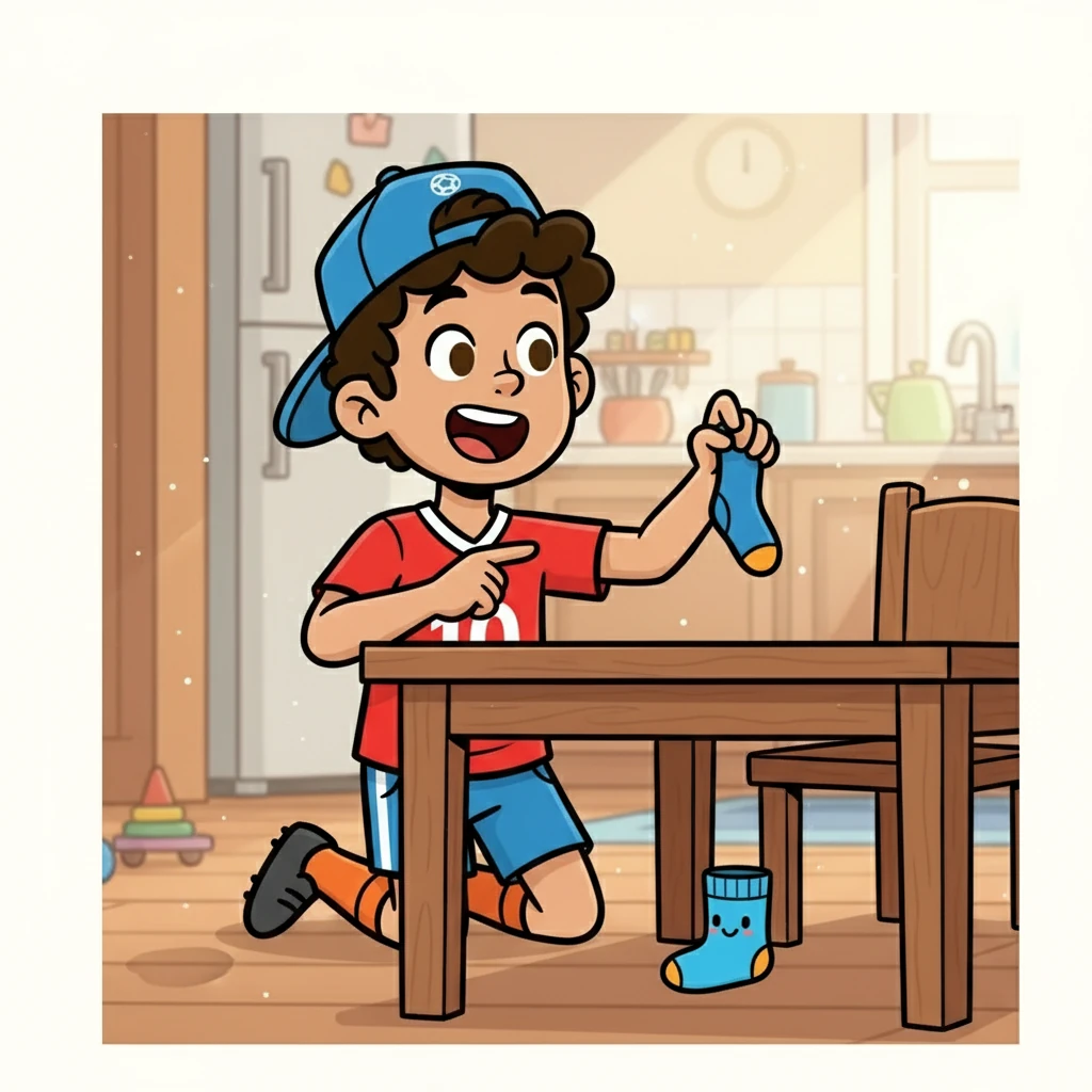 Leo looks under the kitchen table. "There is one blue sock!" he shouts. The sock is small and happy. Leo asks the blue sock why he is hiding. The sock smiles and doesn't answer.