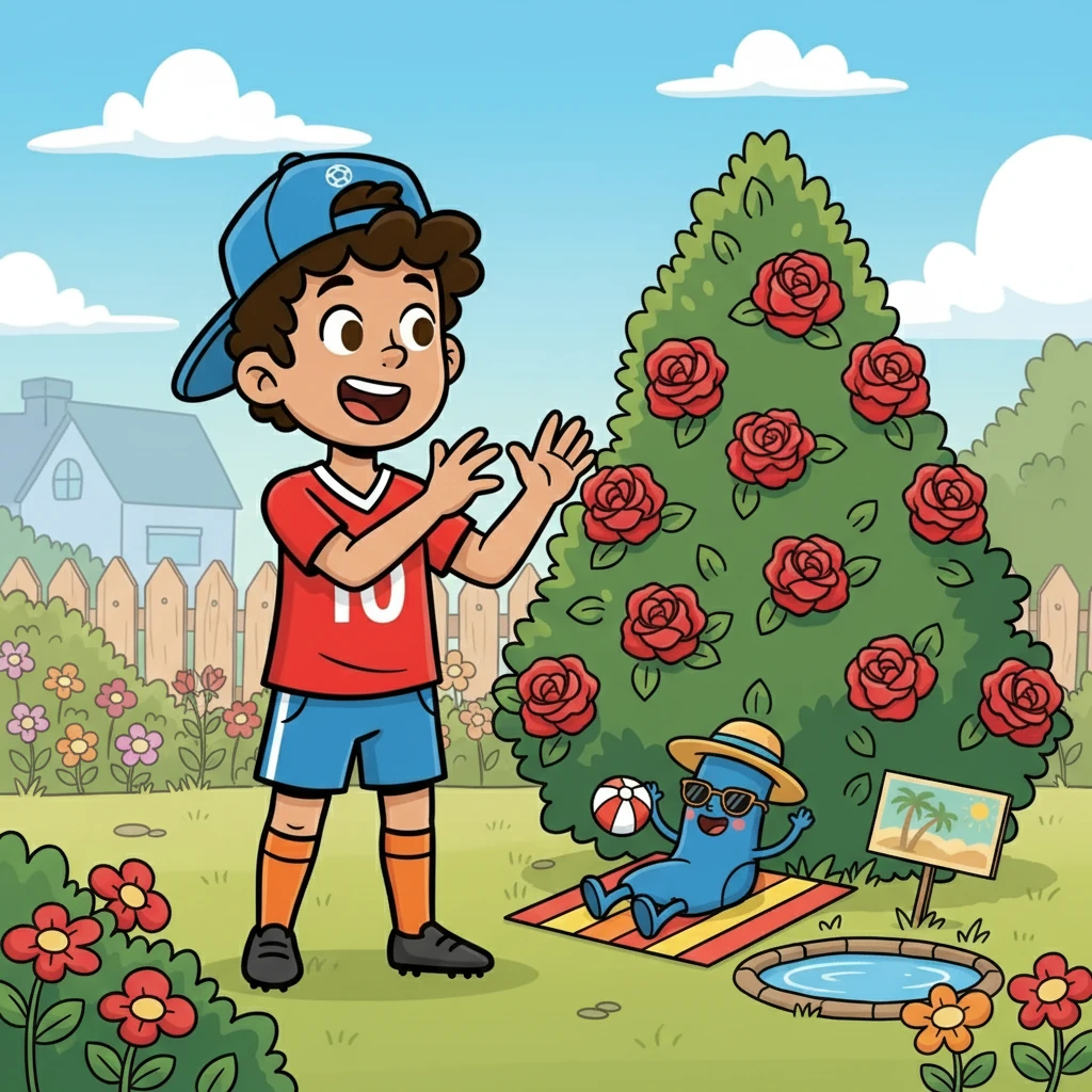 Next, Leo goes outside. He looks in the garden and sees a rose bush. "There is another blue sock!" Leo yells. The second sock is near the rose bush and it is also very happy. He has a vacation.