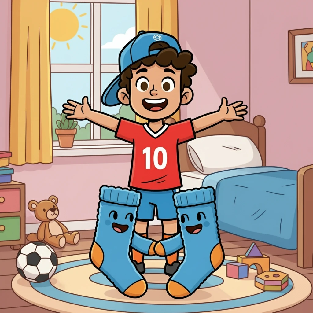 Leo talks to the two blue socks. "Being a pair is fun!" he says. "You can play soccer and stay warm!" The socks look at each other. They smile, and then they decide to be a pair again. Leo is happy.