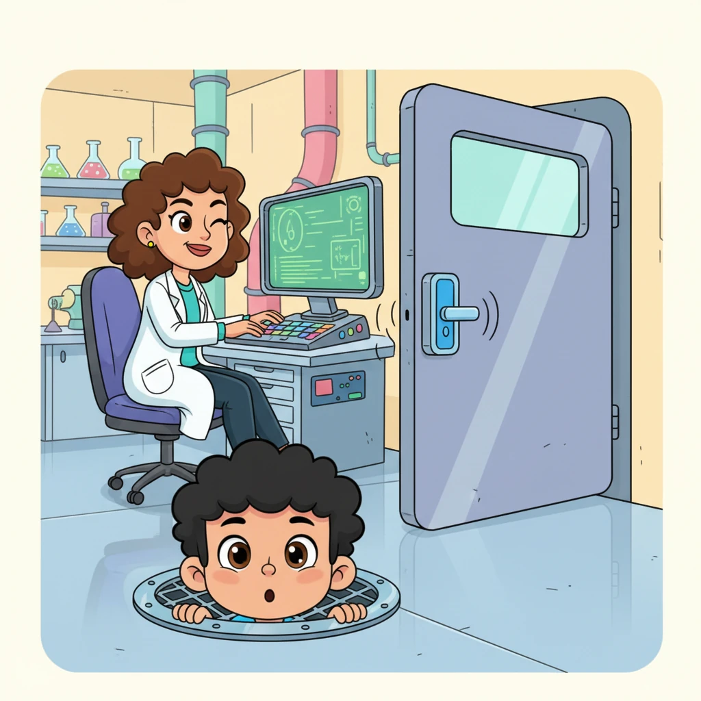 Nico asoma la cabeza por una rejilla y ve a su tía, una científica amable, trabajando en una computadora. Le cuenta su audaz plan. Ella, con un guiño cómplice, teclea rápidamente un código, abriendo la puerta con un suave clic.