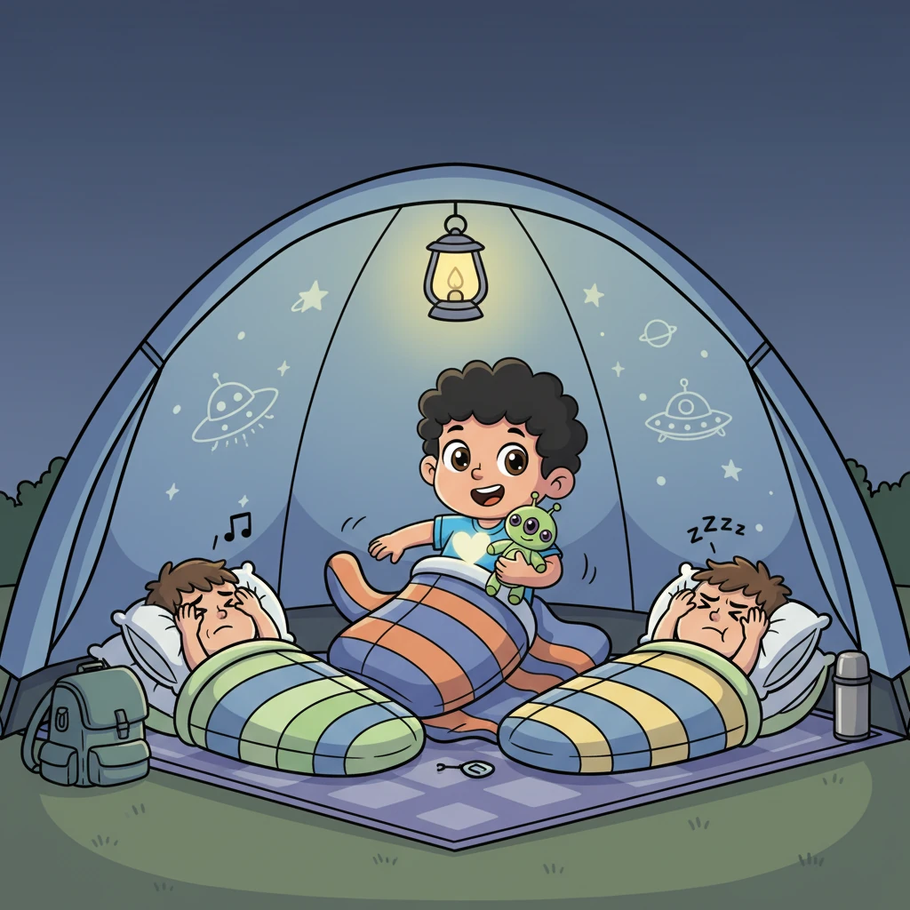 En el campamento, Nico está demasiado emocionado para dormir, dando vueltas en su saco de dormir. Sus compañeros, con almohadas en la cabeza, le piden que se calme, pero su corazón late con la promesa de una aventura intergaláctica.