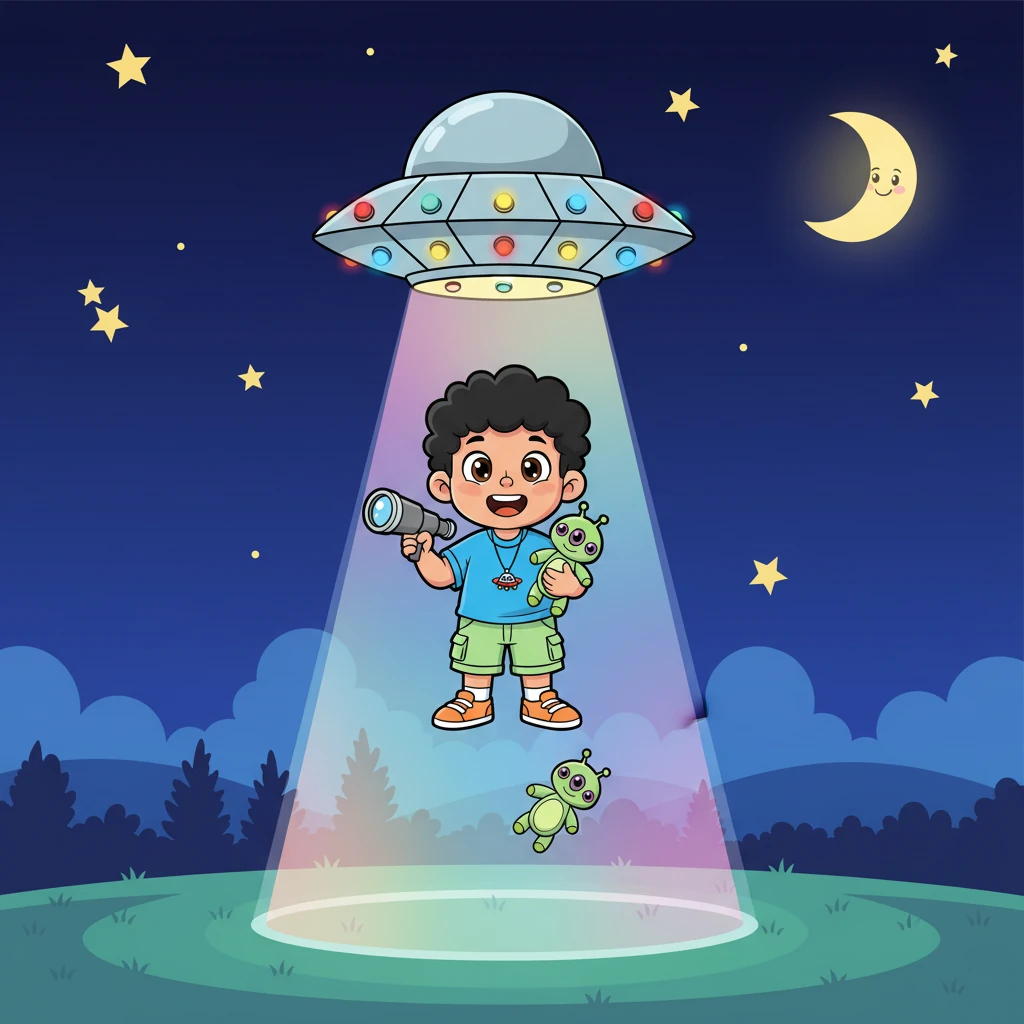 De repente, una brillante luz multicolor desciende del cielo nocturno. Un platillo volador con luces parpadeantes se posa suavemente. Un rayo de luz levanta a un sorprendido pero encantado Nico hacia la nave espacial.