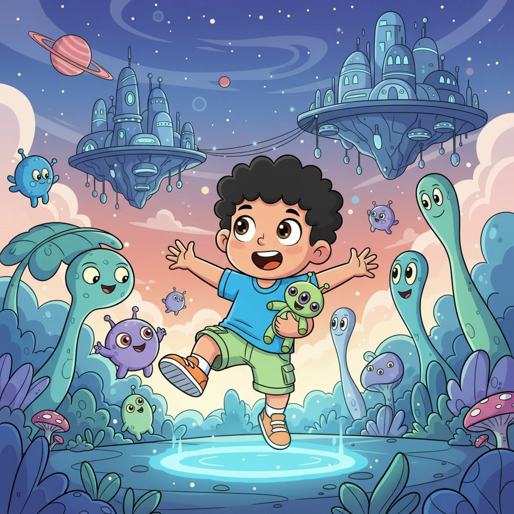Nico aterriza en un mundo alienígena deslumbrante, lleno de ciudades flotantes, plantas bioluminiscentes y todo tipo de criaturas amigables y fantásticas. Sus ojos se abren de asombro ante tanta maravilla y tecnología.