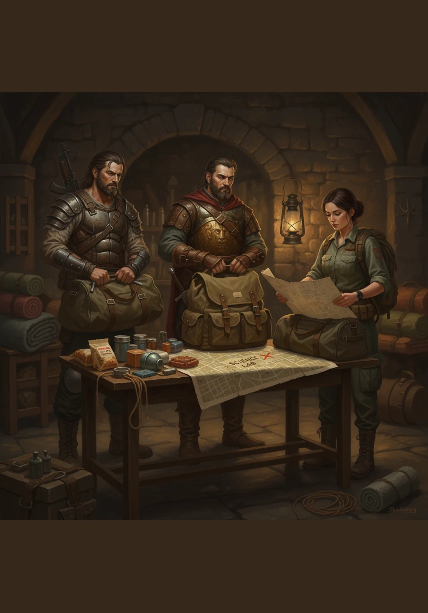 The four friends pack their bags with food and water. They look at a map of the big city to find the science lab. They are brave and ready for their long journey.