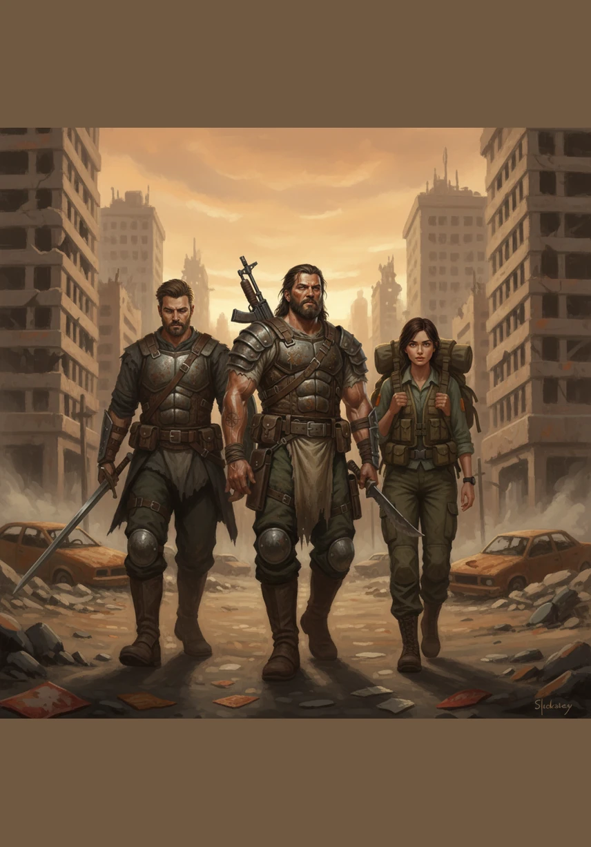 They walk through the broken city and see many old cars. The sun is hot, but they do not stop walking. They hold hands to stay together and feel safe.