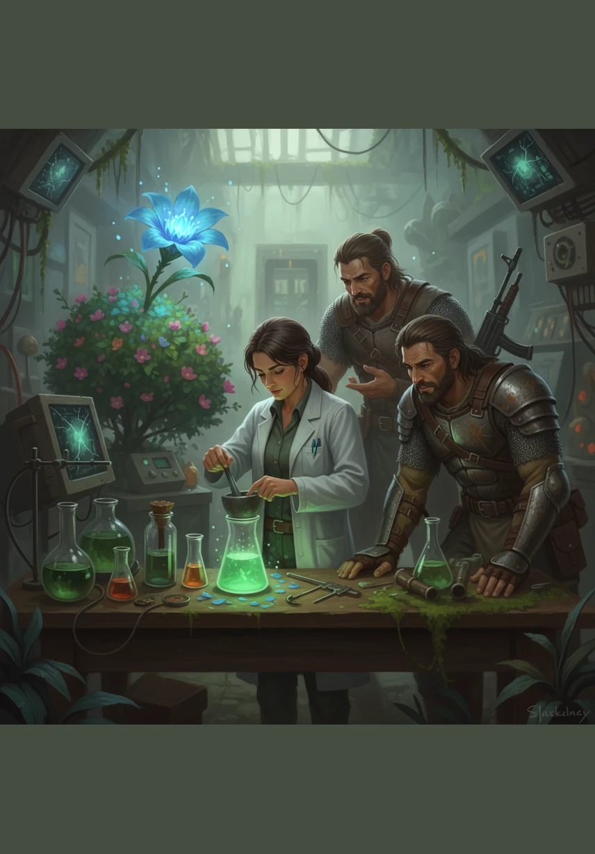 Inside the lab, they find a beautiful garden with a blue flower. Sugar is very smart and knows how to use the flower. She mixes it to create a glowing green medicine.