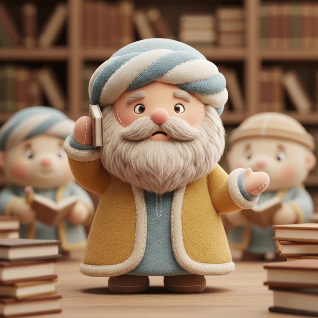 Sheikh Mo'min held the phone to his ear, his expression a mix of concern and regret. He gently explained, with rounded gestures, that he was truly too busy, his schedule packed with important debates and refutations. The blurred background softly showed other equally busy, kind-faced scholars, surrounded by their own plush piles of books, hinting at their shared, overwhelming responsibilities.