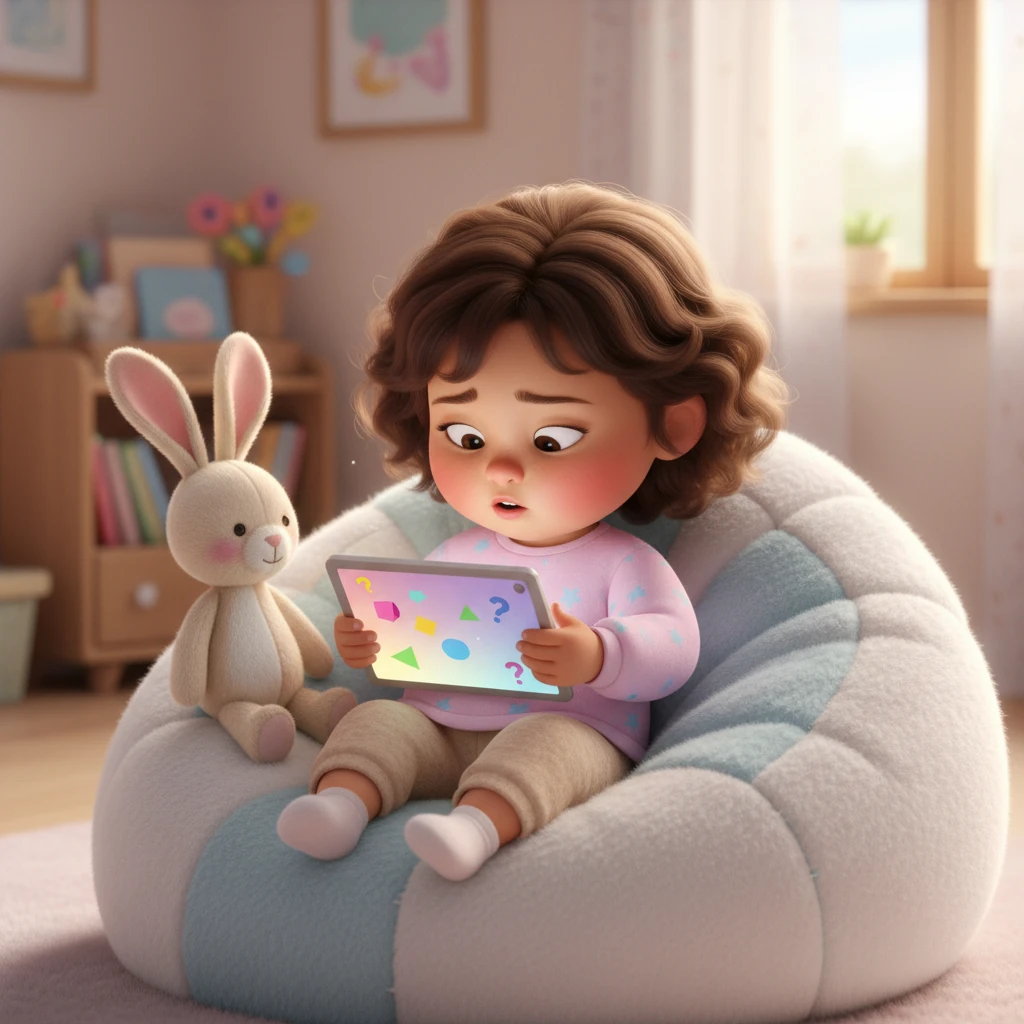 Across town, we meet Layla, a sweet, round-cheeked child with soft, curly hair, snuggled on a fluffy beanbag chair. She held a tablet, its screen glowing with colorful, bouncy quiz questions. Her plush toy rabbit sat beside her, watching intently, as Layla's expression showed a mix of eager concentration and slight confusion.