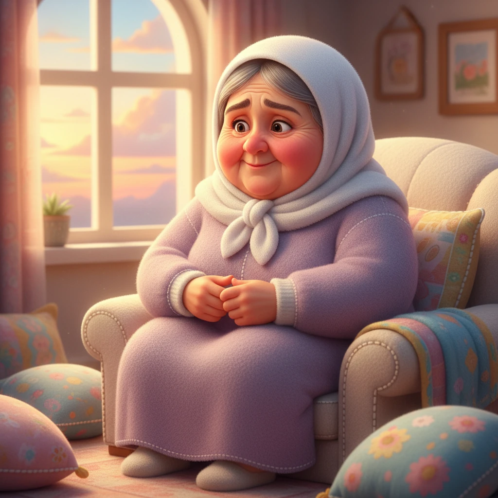 Grandma Amina listened patiently, her soft, plump hands gently clasped in her lap. A tender smile played on her lips, her eyes filled with understanding and a touch of gentle worry. The cozy room around them, with fuzzy blankets and pillows, and a window showing a soft, pastel sunset, created a serene and thoughtful atmosphere.