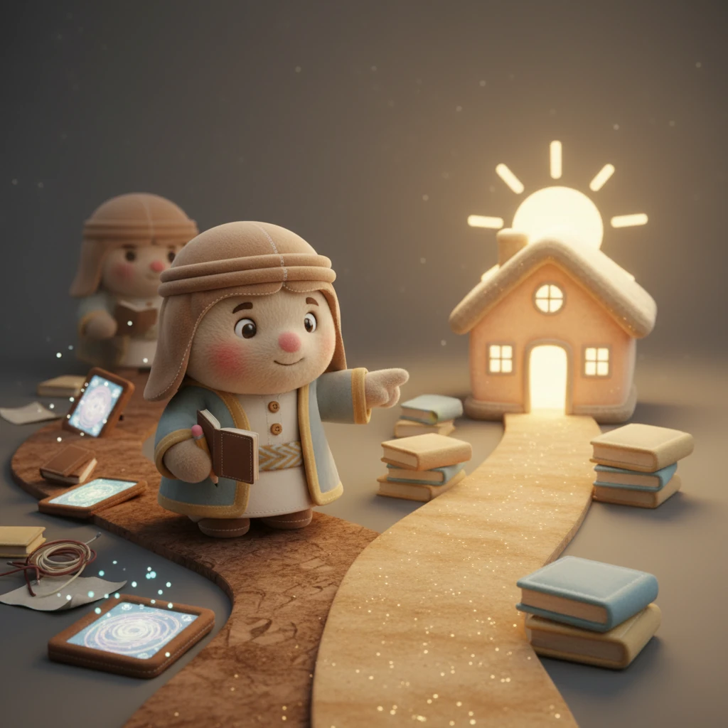 An illustration showed two paths: one a winding, cluttered path with scattered books and screens, leading nowhere clear; the other, a straight, gentle, sunlit path with neatly stacked, soft books, leading to a glowing, cozy little home. Grandma Amina explained how a simple, organized path brings more peace and a deeper connection, unlike a "salad" of information.