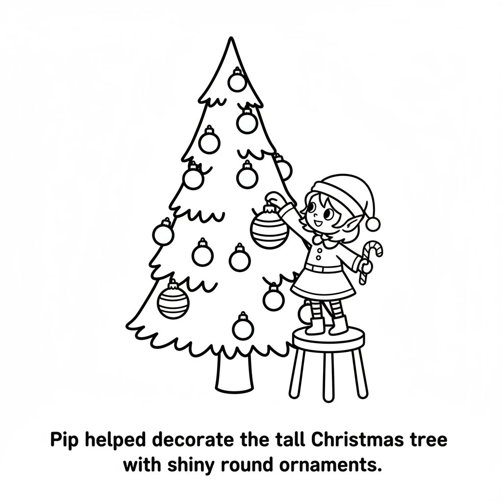 First, Pip helped decorate the tall Christmas tree. Shiny round ornaments sparkled on every branch. Pip carefully hung a bright red ball, making the t