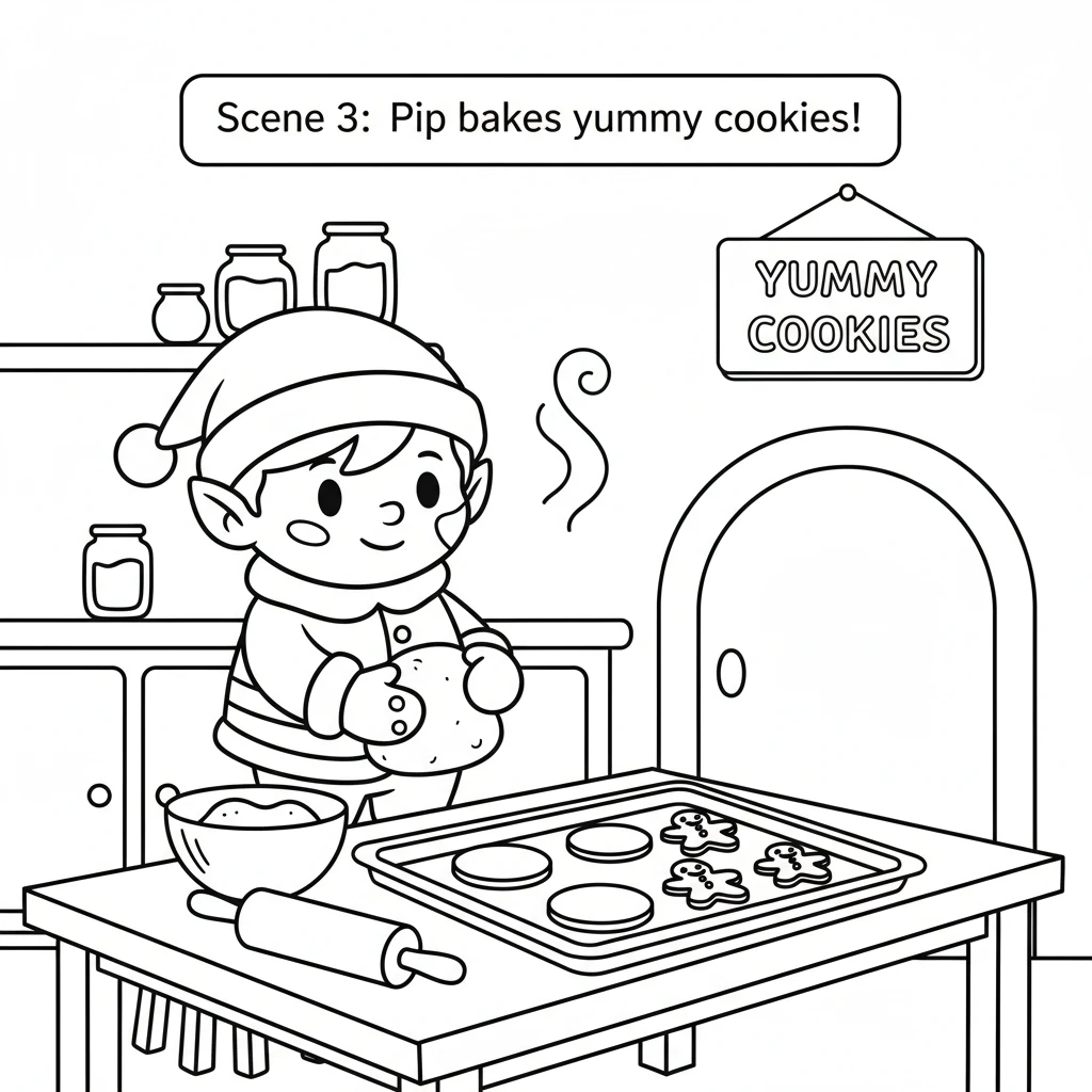 Next, Pip went to the kitchen to bake yummy cookies. Flour dusted Pip's nose as sweet smells filled the air. Round gingerbread shapes were ready for t