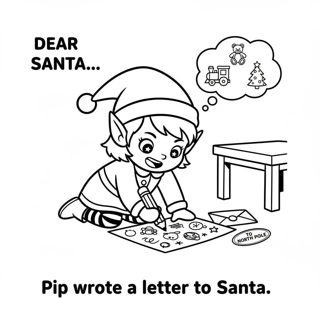 With a tiny pencil, Pip wrote a letter to Santa. Pip drew all the wishes, big and small, with cheerful squiggles. The letter was folded with care, rea