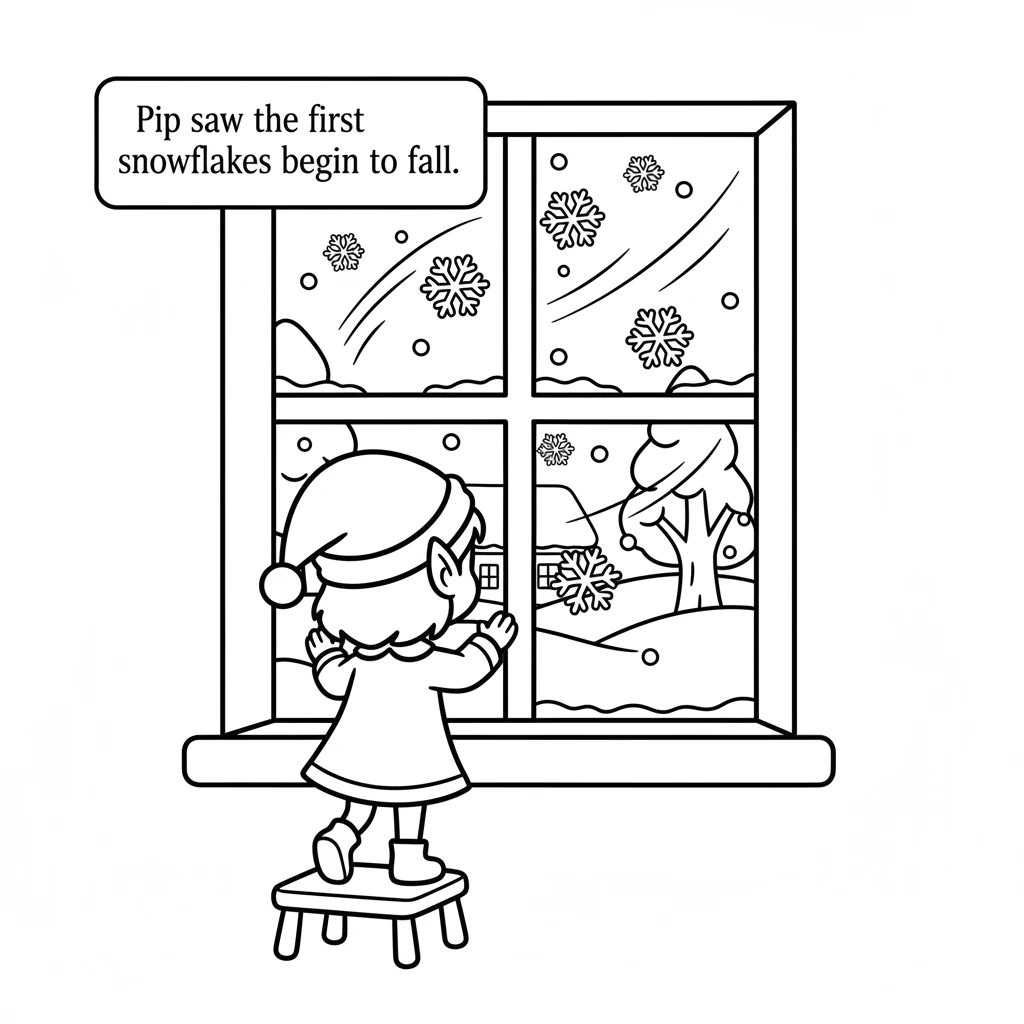 Looking out the window, Pip saw the first snowflakes begin to fall. They danced and twirled, blanketing the world in white. The soft snow made everyth