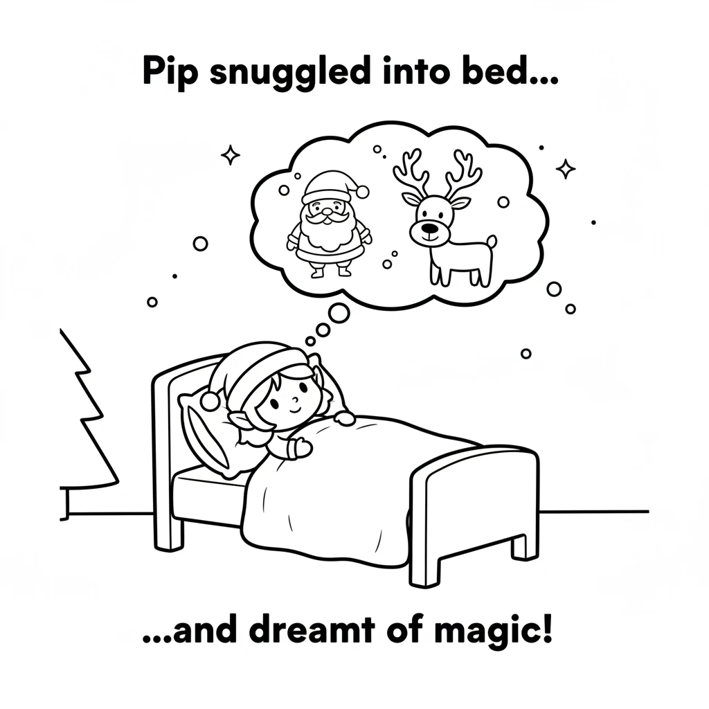 Finally, Pip snuggled into bed, warm and cozy. Thoughts of Santa and reindeer filled Pip's dreams. Pip drifted off to sleep, imagining the magic that