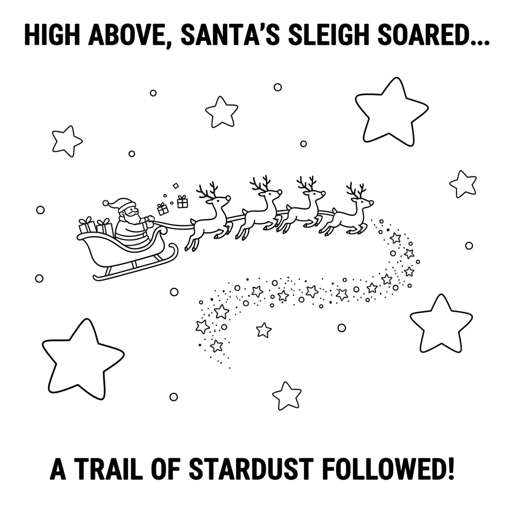 High above, Santa's sleigh soared through the starry night sky. Reindeer pulled with all their might, making sure every present was delivered. A trail