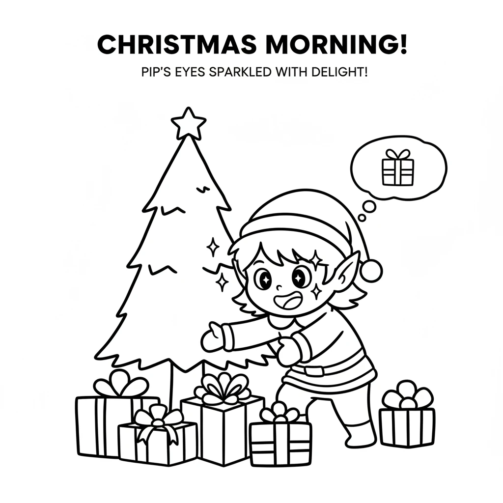 On Christmas morning, Pip woke up to a wonderful sight! Under the Christmas tree, colorful presents waited. Pip's eyes sparkled with pure delight at t