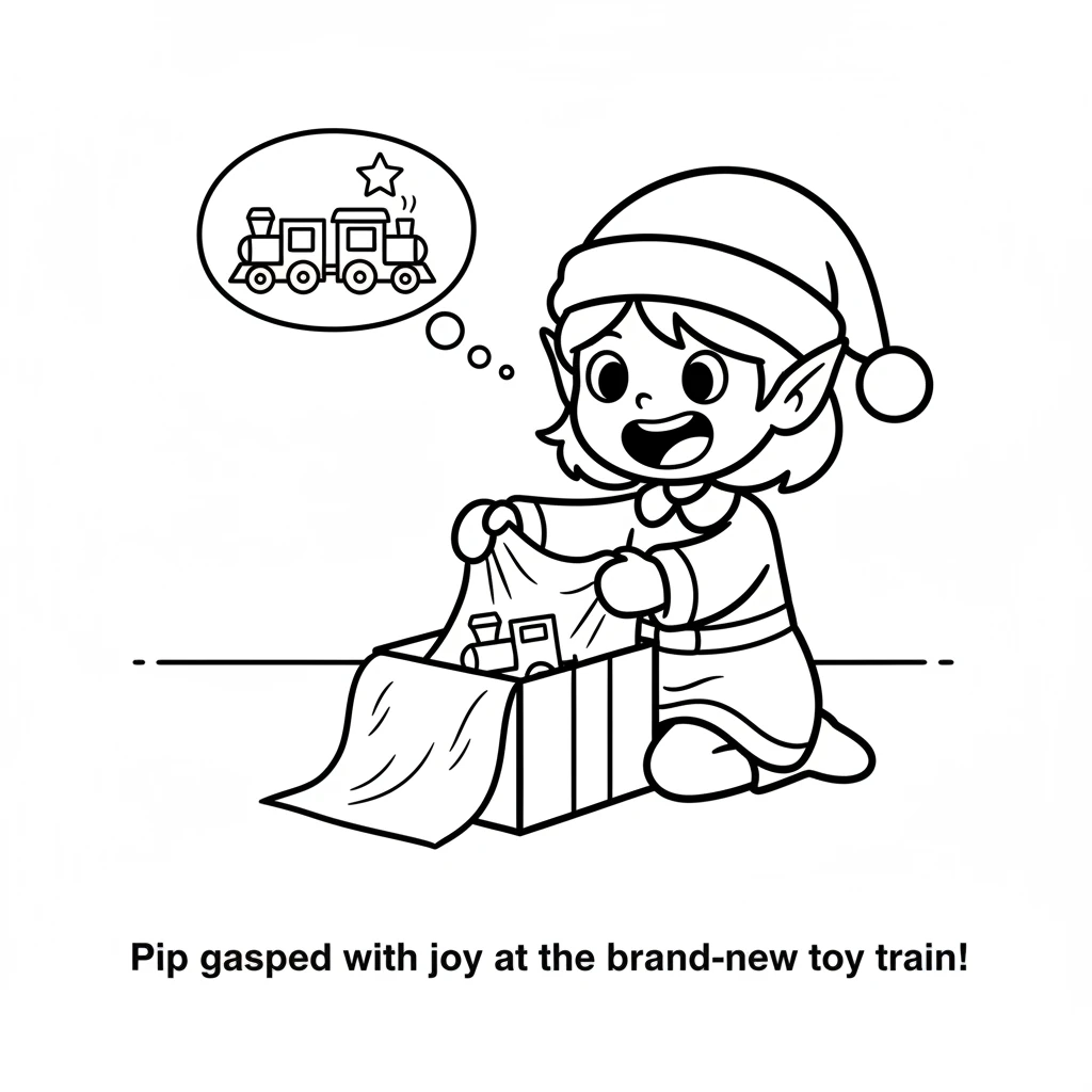Pip carefully opened a special gift wrapped in shiny paper. Inside was a brand-new toy train, ready for adventure. Pip gasped with joy, eager to play