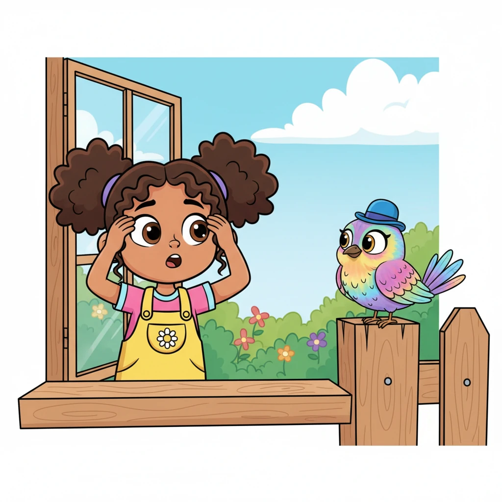 Suddenly, perched right on the fence post outside her window, appeared the most peculiar bird Sophia had ever seen! It shimmered with constantly changing colors, wore a tiny, jaunty hat, and had an intelligent sparkle in its exaggeratedly large eyes. Sophia gasped, rubbing her eyes in disbelief.