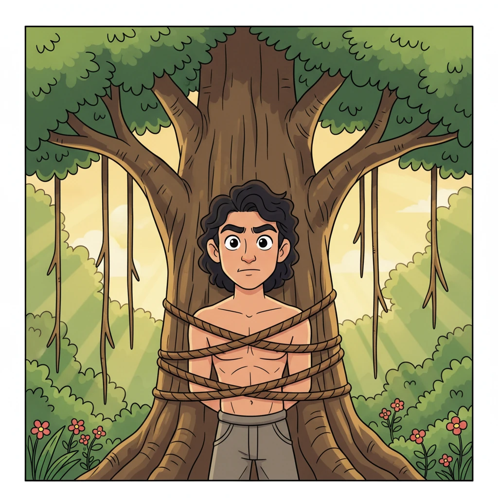 Under the warm afternoon sun, Prince Aarav, a handsome young man with medium-length curly hair, was tightly bound to the trunk of a majestic banyan tree. Ropes, thick and sturdy, crisscrossed his bare chest and arms, securing him firmly in place. His brow was furrowed with a mix of surprise and mild indignation.