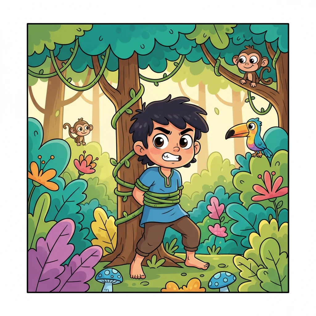 Aarav struggled gently, testing the strength of his bonds, a determined glint in his expressive eyes. He had been on a secret adventure, exploring the edges of his kingdom, when he'd stumbled into this unexpected predicament. The vibrant jungle around him seemed to hum with silent amusement.