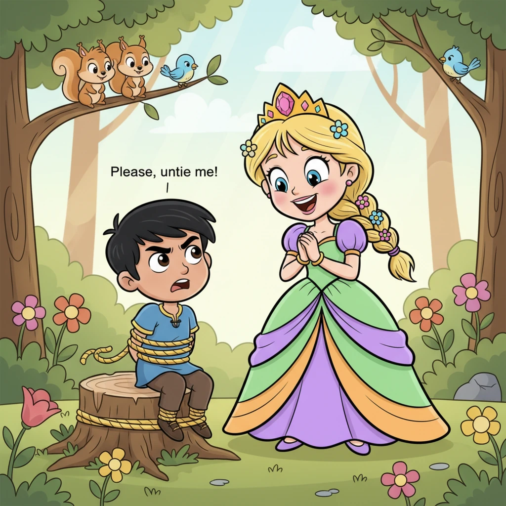 "Please, untie me!" Aarav pleaded, his voice a mix of frustration and polite request. He tried to straighten himself, but the ropes held him fast. He hoped his princely charm would work its magic on the giggling princess.