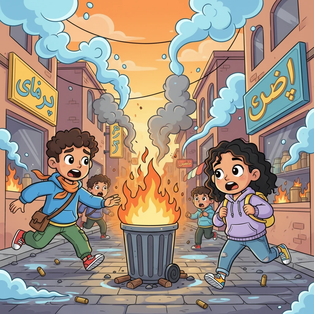 The narrow Tehran street twisted under a strange, vibrant glow, not from cheer, but from the flickering orange of a burning trash bin. Boldly outlined figures, with exaggerated expressions of surprise and fear, scattered like colorful confetti caught in a sudden gust. Swirls of bright blue tear gas mingled with cartoonish smoke, forming whimsical, unsettling clouds as tiny, sparkling bullet casings bounced playfully on the wet, slick ground. Persian shop signs, with their flowing, calligraphic shapes, blinked weakly in the background.