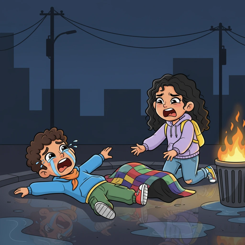 In the foreground, the vibrant chaos continued as one simplified figure, with oversized, tear-filled eyes, lay collapsed on the pavement, their limbs comically splayed. Beside them, another character, their face a mask of exaggerated grief and rage, knelt dramatically, hands thrown up in a silent, bold scream next to a brightly colored, draped form, implying a somber presence beneath. The ground, a slick tapestry of dark puddles, reflected the distorted light of the burning trash bin.