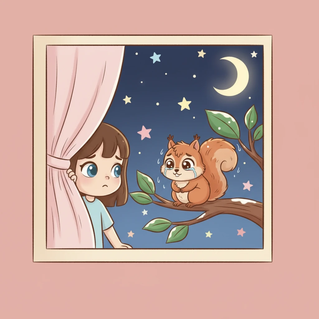 One evening, as the stars twinkled, Lily peeked outside. She saw her friend Squeaky the squirrel shivering a little on a tree branch.