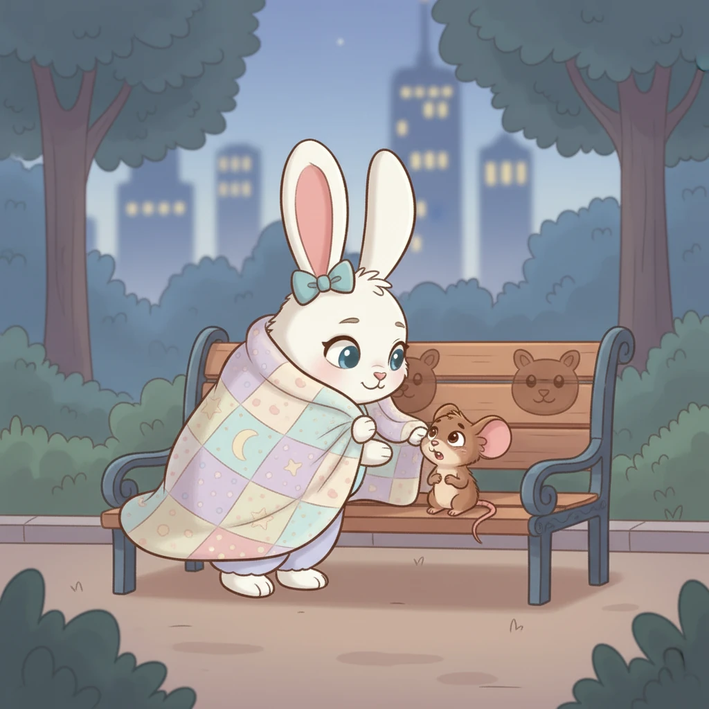 Lily, with a kind heart, hopped over to Squeaky. "Are you cold?" she whispered, offering a corner of her snuggly blanket.
