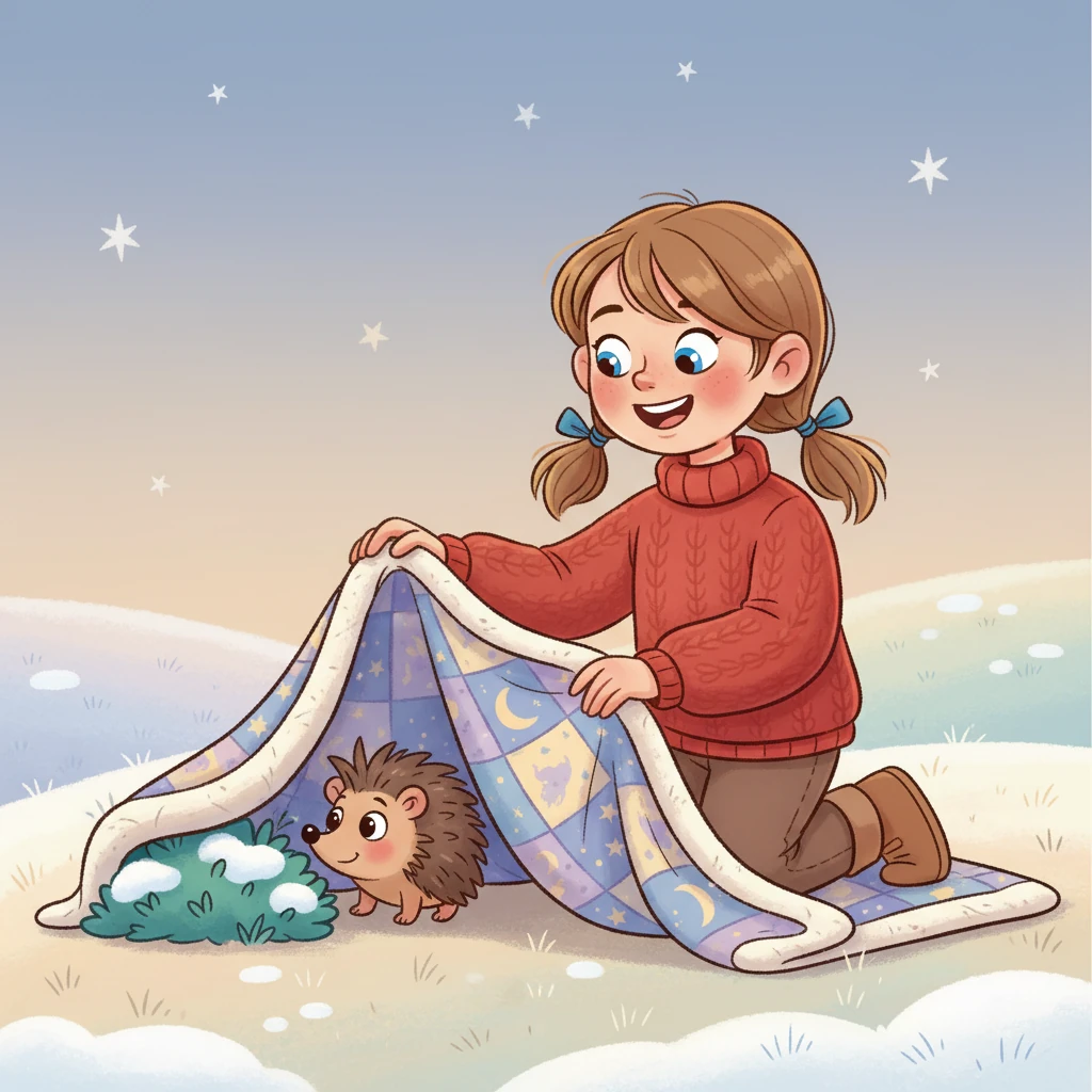 "There's room for you, Pip!" chirped Lily, inviting the hedgehog under her big, soft blanket.