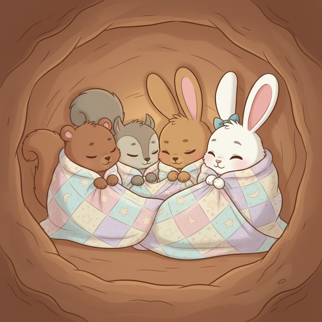 All five friends were now nestled together, cozy and warm under Lily's wonderful blanket. The blanket seemed to stretch for everyone.