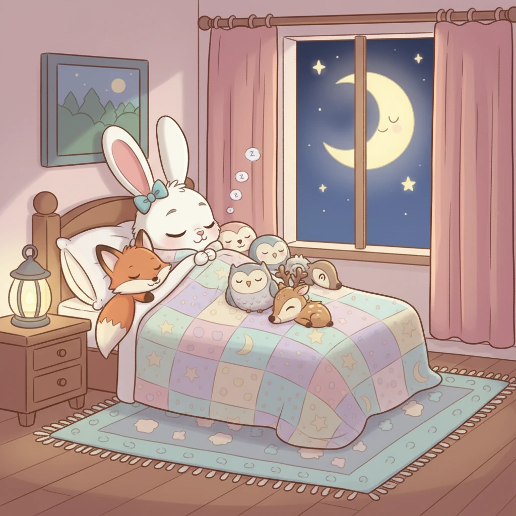 As the moon shone bright, Lily and her friends drifted off to sleep, dreaming sweet dreams, all tucked in by the cozy blanket.