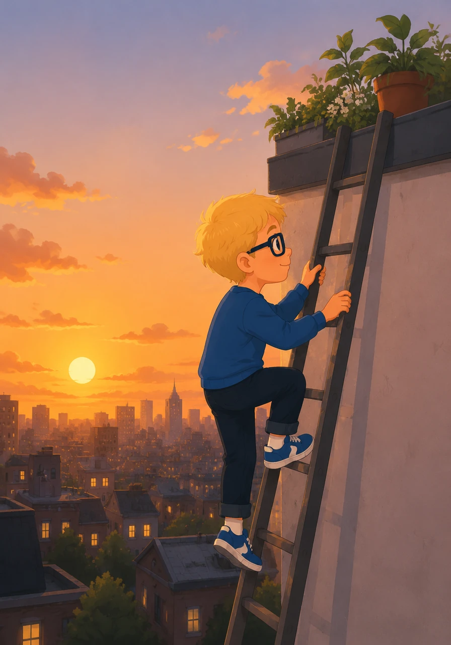 Leo, a blond boy with thick glasses and a blue Nike shirt, carefully climbs the ladder to his favorite secret spot on the roof. The city below is just starting to glow with golden light as the sun begins its slow descent.
