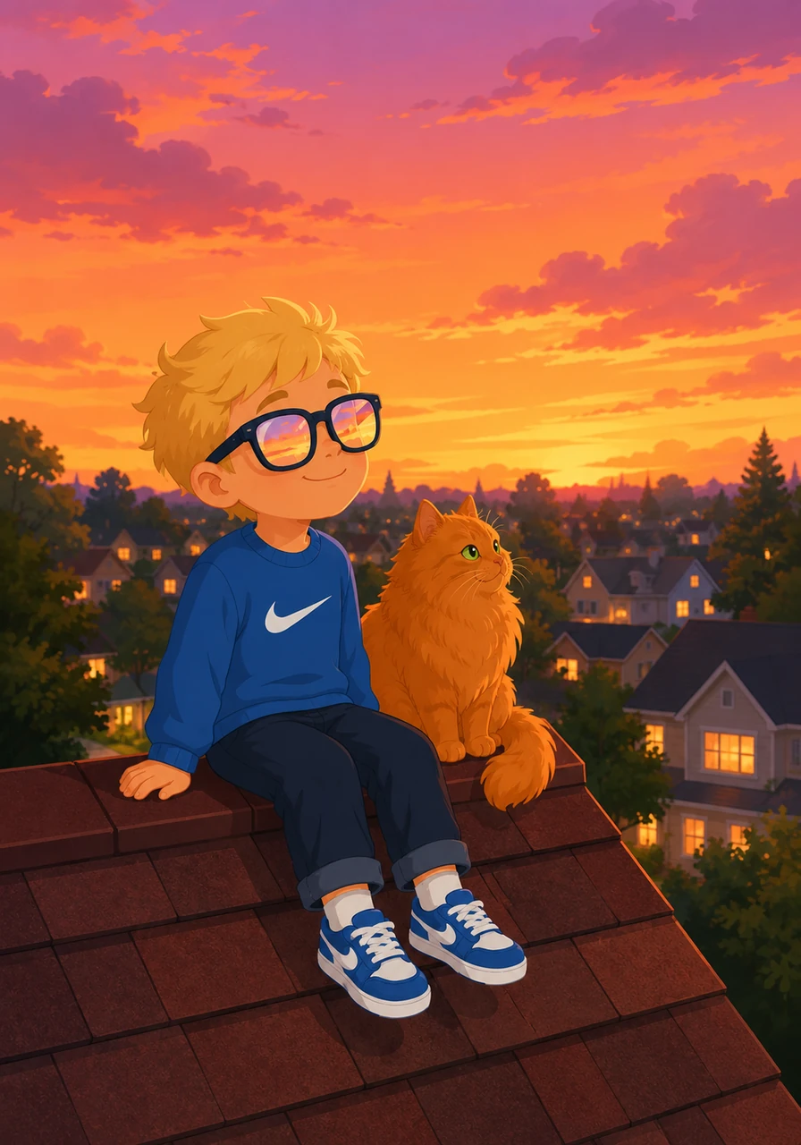 He sits comfortably on the edge of the warm shingles, swinging his legs while looking out over the quiet neighborhood. His glasses reflect the vibrant orange and pink hues of the evening sky like two tiny sunsets.