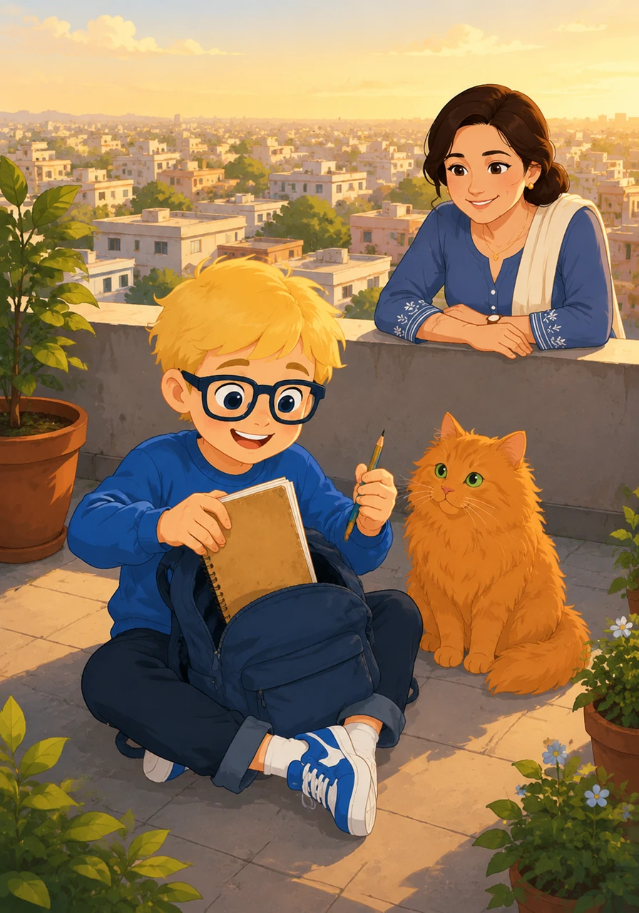Leo pulls a worn sketchbook and a pencil from his backpack, ready to capture the magic of the view from above. High above the noisy streets, he feels like the king of his own peaceful and private kingdom.