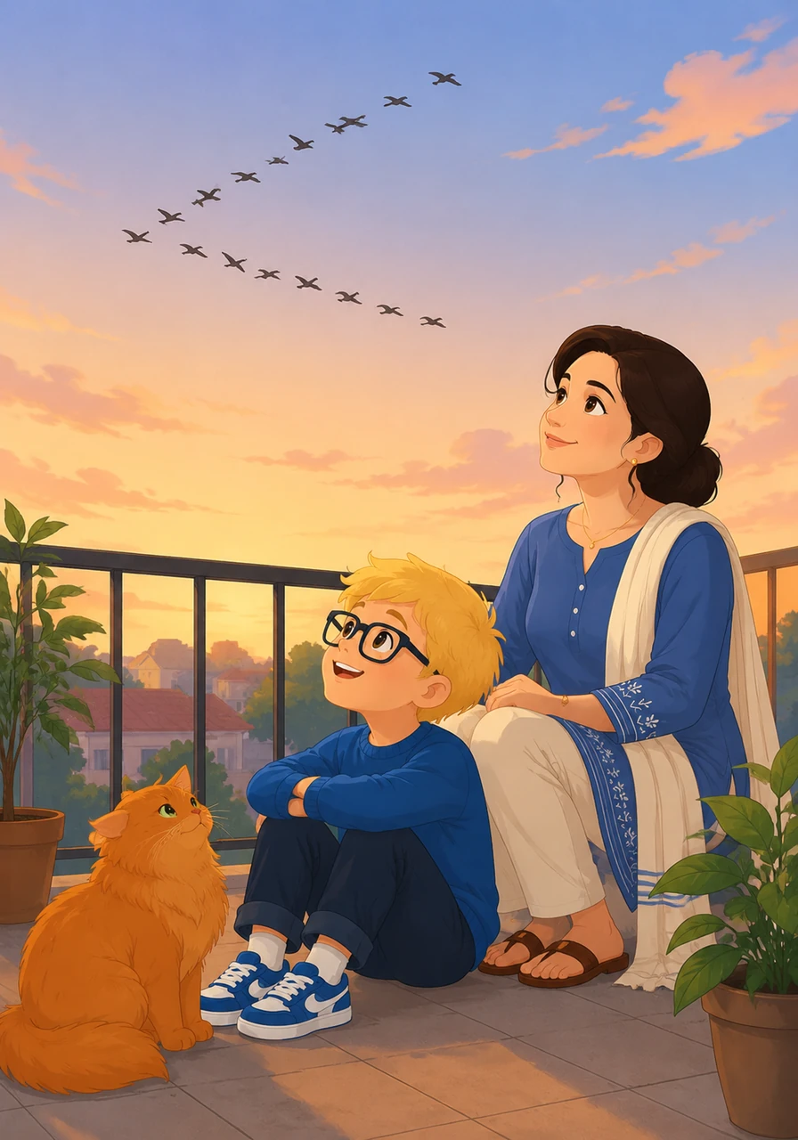 A gentle evening breeze ruffles his blond hair as he watches a flock of birds fly past in a perfect V-shape. He follows them with his eyes, wondering what the world looks like from even higher up in the clouds.