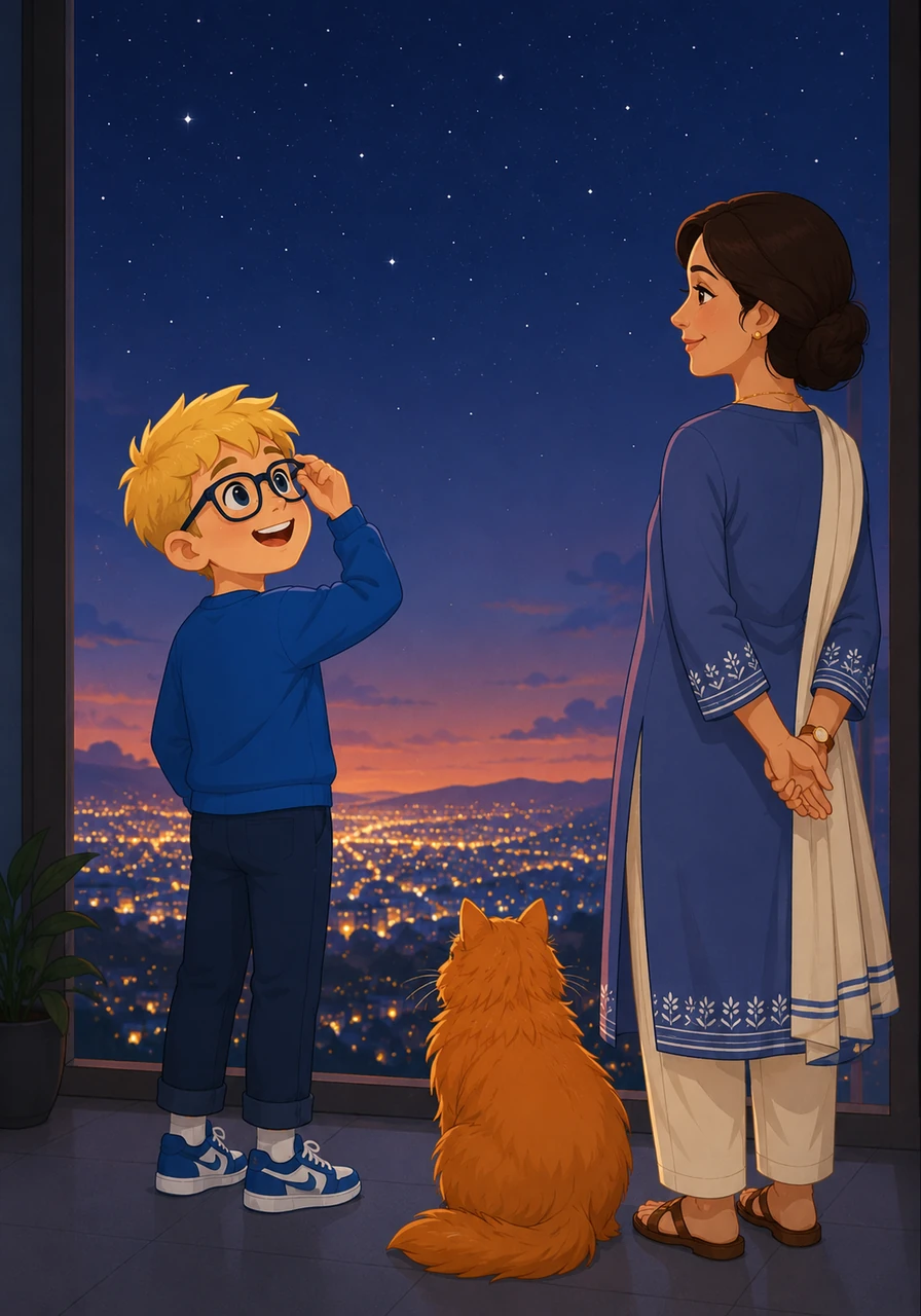 The first few stars begin to twinkle in the darkening sky, making the distant city lights look like a sea of fallen diamonds. Leo adjusts his glasses to get a clearer view of the constellations starting to appear overhead.