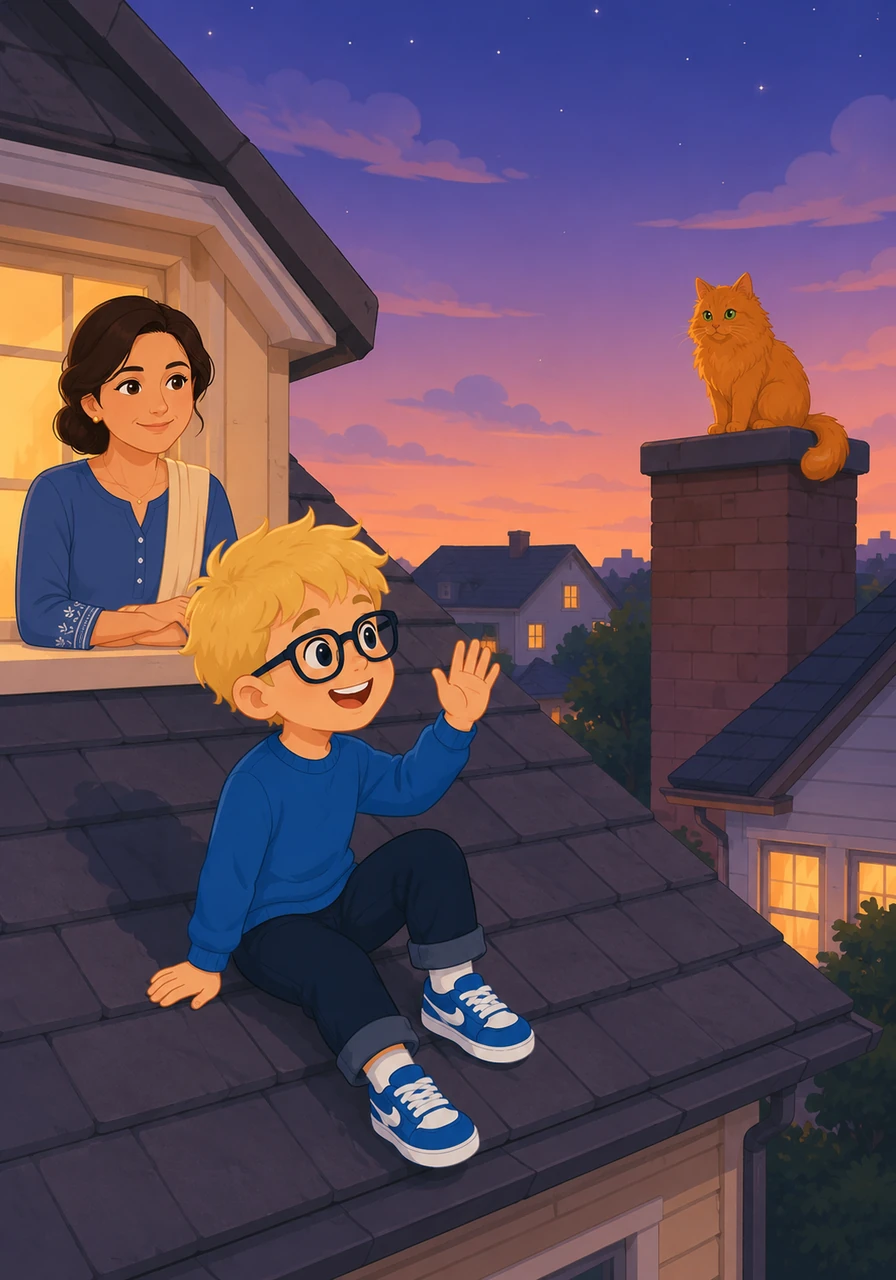 He notices his neighbor's fluffy ginger cat perched on a nearby chimney, watching him with curious green eyes. Leo smiles and gives a small wave, feeling a quiet sense of companionship in the cool twilight air.
