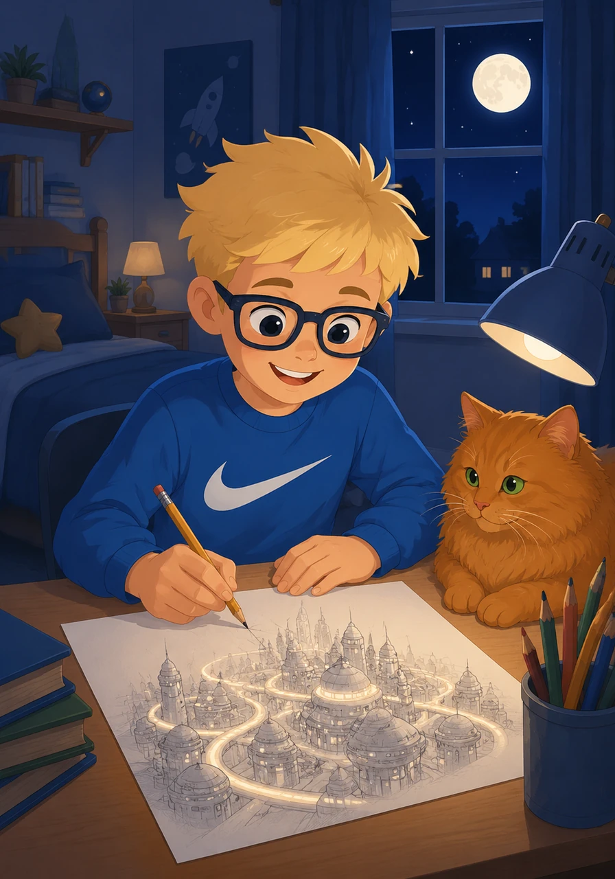 As the moon rises, Leo starts drawing a futuristic city where all the roofs are connected by glowing bridges of light. His Nike shirt reflects the silvery moonlight as his pencil moves quickly across the paper.
