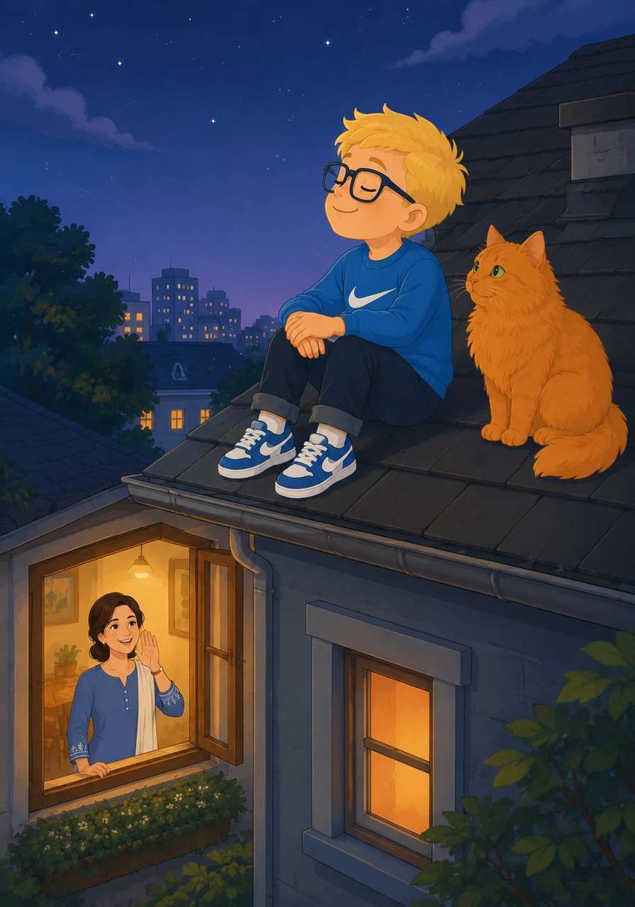 He hears his mother’s voice calling his name from the window below, signaling that it is finally time for dinner. Leo takes one last deep breath of the fresh night air, savoring the stillness of his high-up sanctuary.