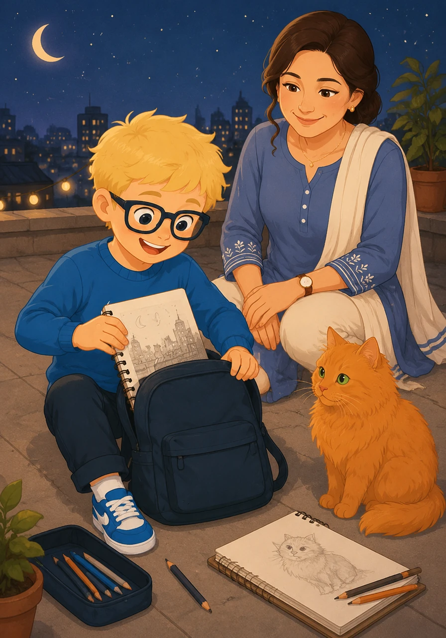 He carefully packs his sketchbook and pencils back into his bag, making sure his new drawings are tucked away safely. The roof has given him all the inspiration he needed to fuel his dreams for the rest of the night.