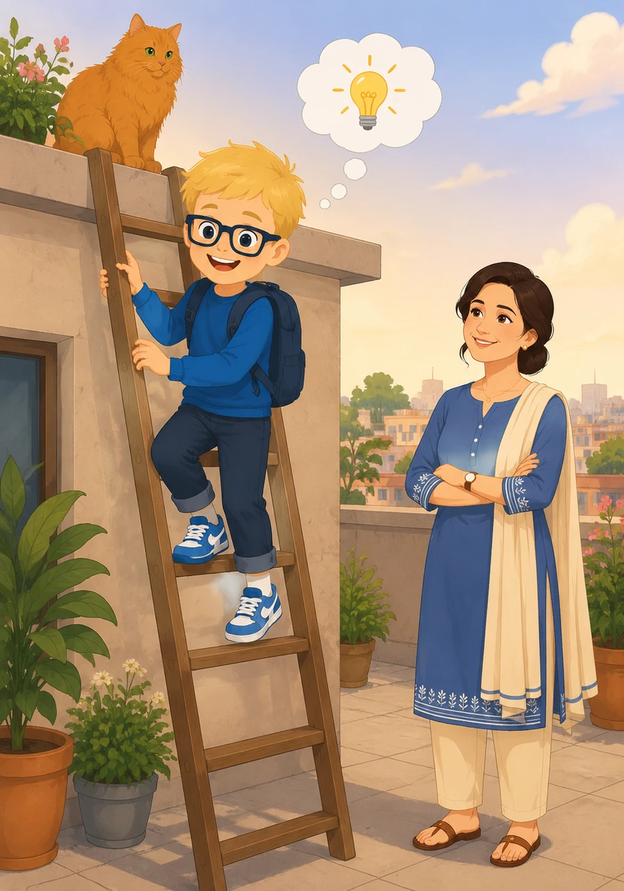 Leo climbs back down the ladder with a bright, satisfied smile on his face and a head full of new ideas. He knows that his rooftop kingdom will always be waiting for him whenever he needs to see the world differently.