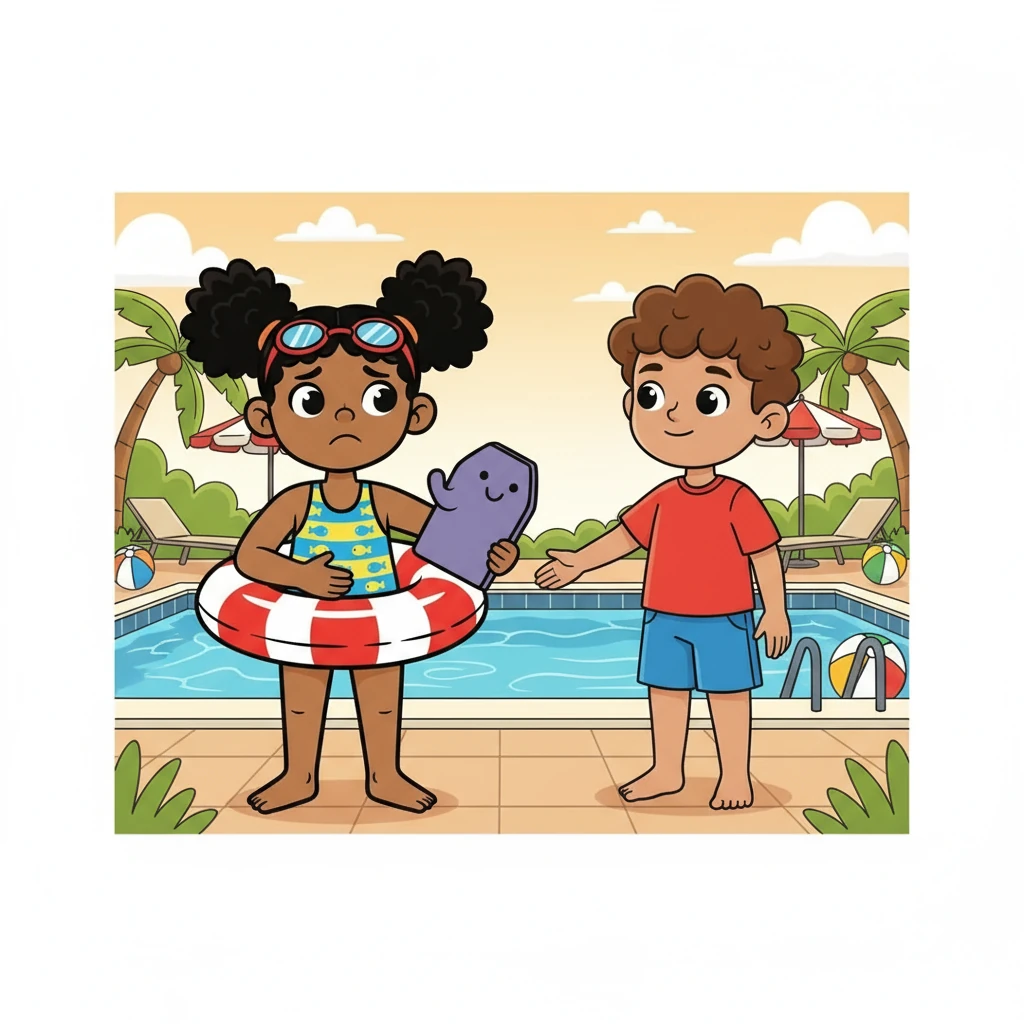 One warm afternoon, Gia's best friend, Leo, invited her to swim. Gia's heart pounded in her chest, but she shook her head. Leo, with a gentle smile, said, "It's okay to be scared, Gia. But we can face it together!"