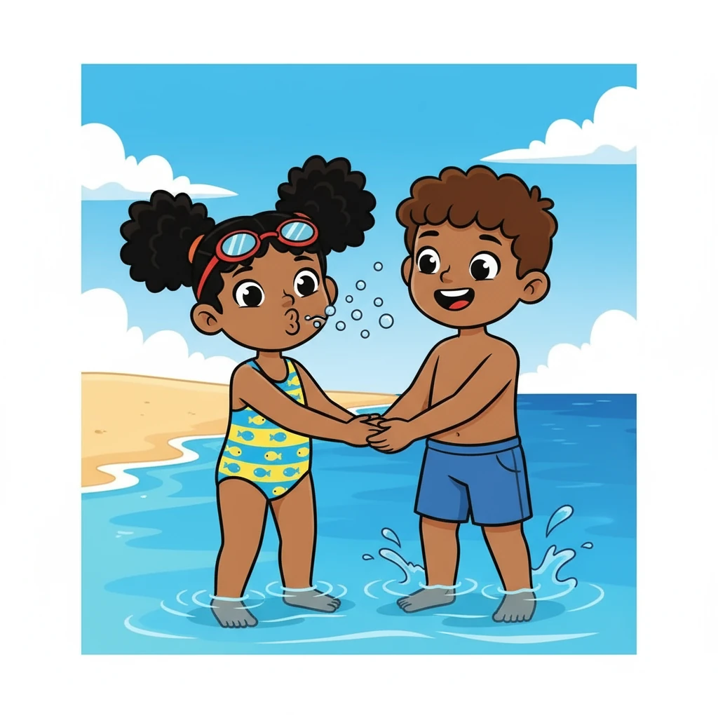 Leo helped Gia take tiny steps into the shallow water. Gia held her breath, her toes barely touching the cool sea. Leo showed her how to splash and blow bubbles, making the experience fun and lighthearted.