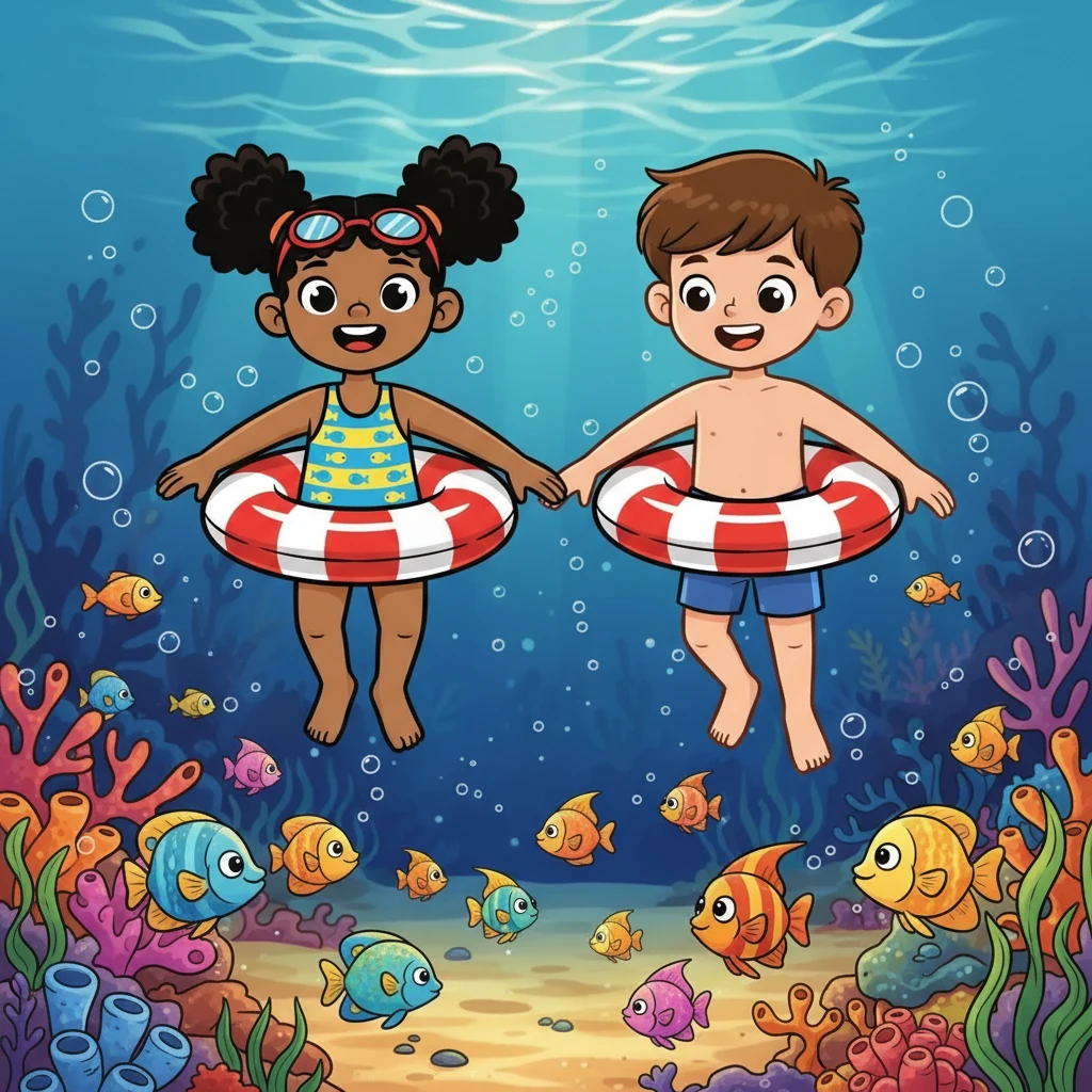 As Gia started to relax, Leo suggested they explore a little further. They held hands and ventured to a place with shimmering, colorful fish. Gia was fascinated and forgot her fears, captivated by the underwater world.