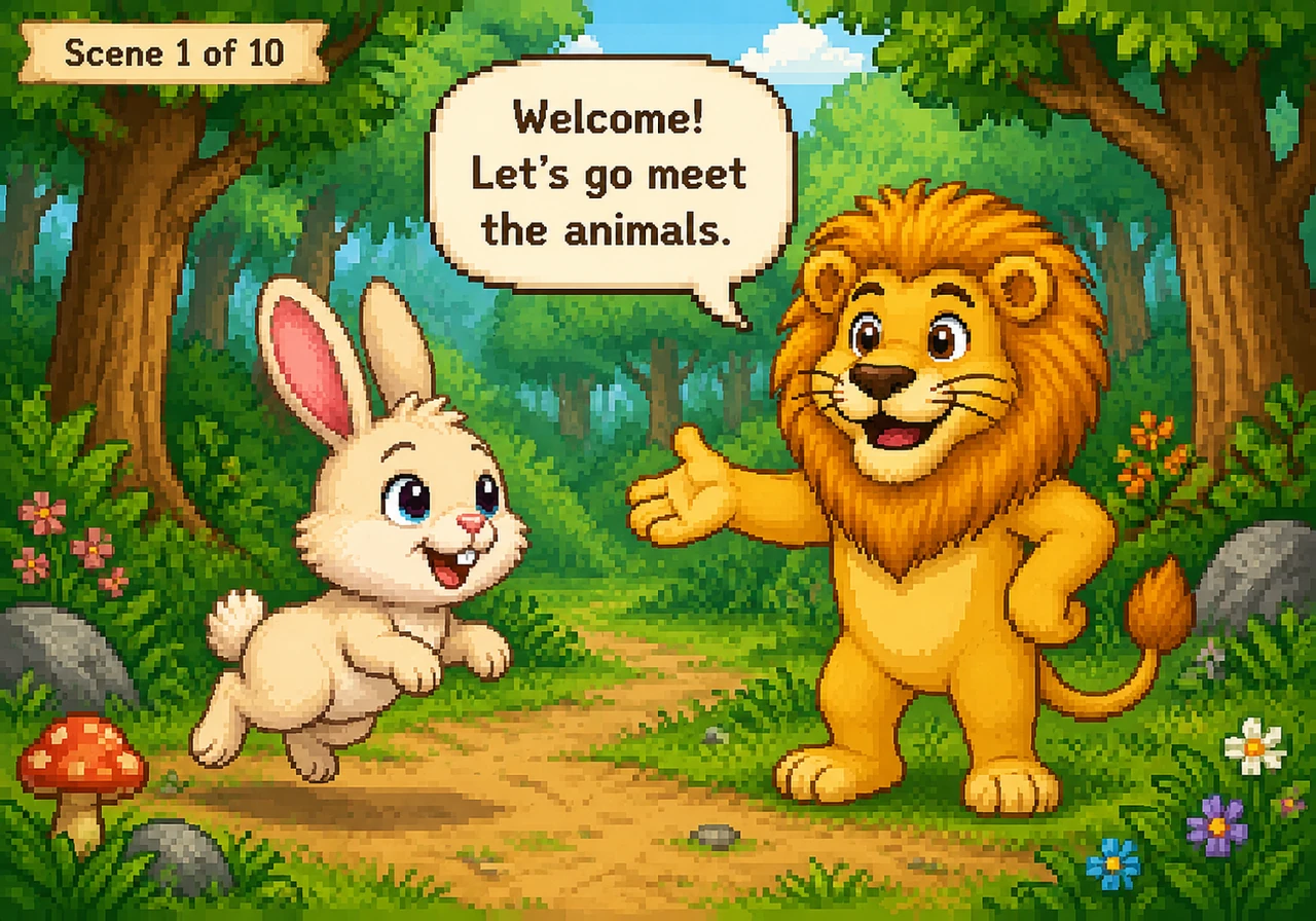 Barnaby the Bunny hops into the lush green forest for the very first time. A friendly Lion with a golden mane greets him with a warm smile and says, "
