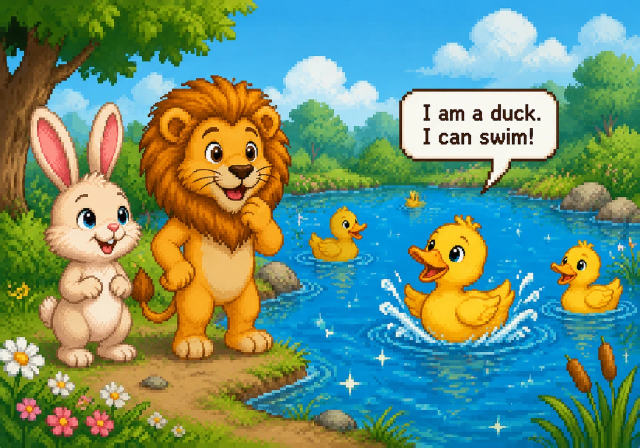 They arrive at a sparkling blue pond where yellow ducks are splashing around. Barnaby watches them glide through the water and hears one say, "I am a