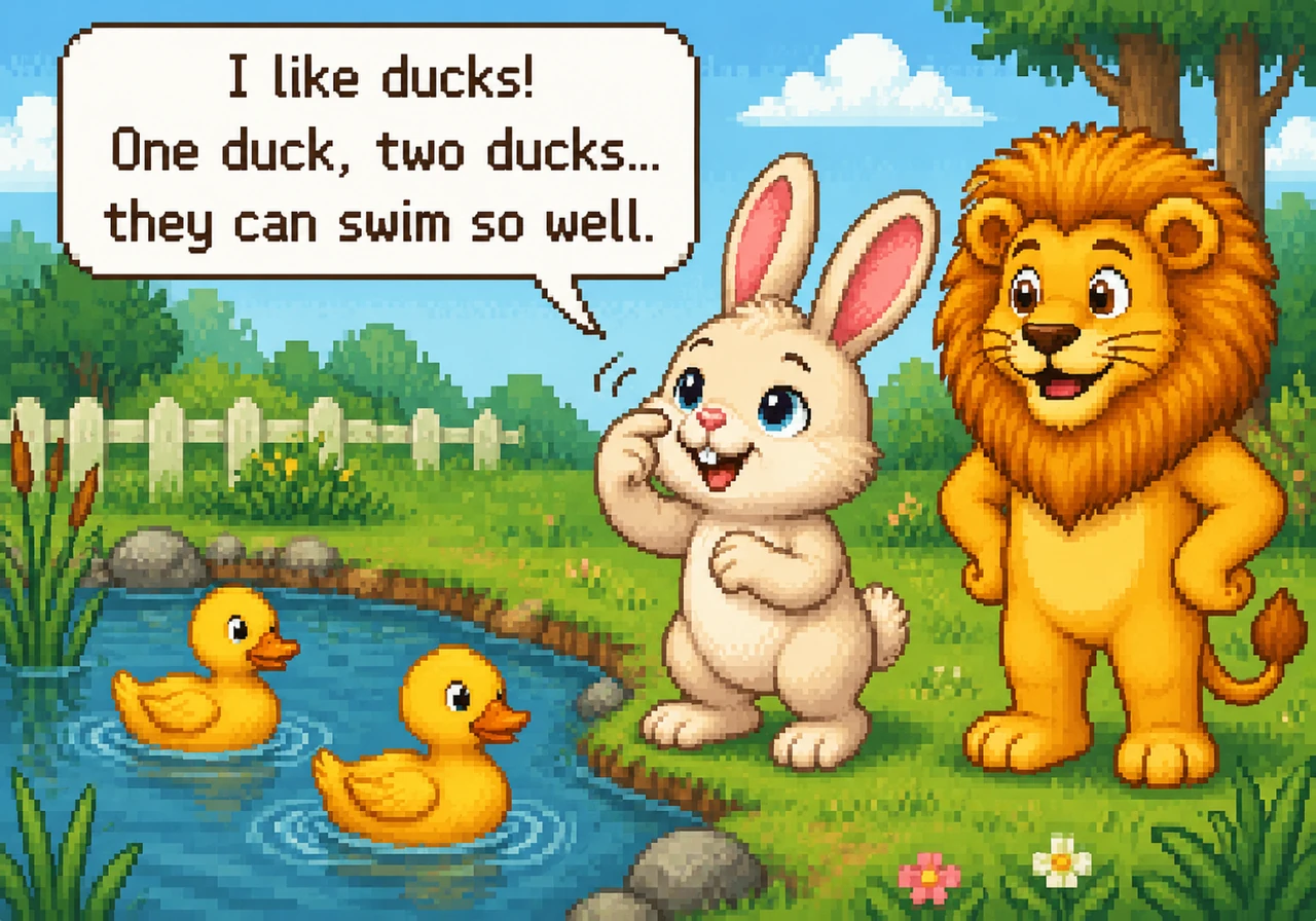 Barnaby wiggles his nose happily and says, "I like ducks! One duck, two ducks... they can swim so well."
